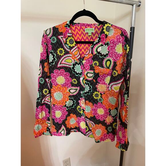 Vera Bradley Tops - Vera Bradley Women Medium Blouse Ziggy Zinnia All Cotton Long Sleeve Pink Orange